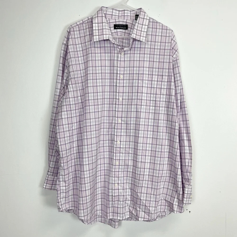 NEW Nordstrom Shirt Men 18 34-35 Purple Plaid Traditional Fit No Iron Button Up